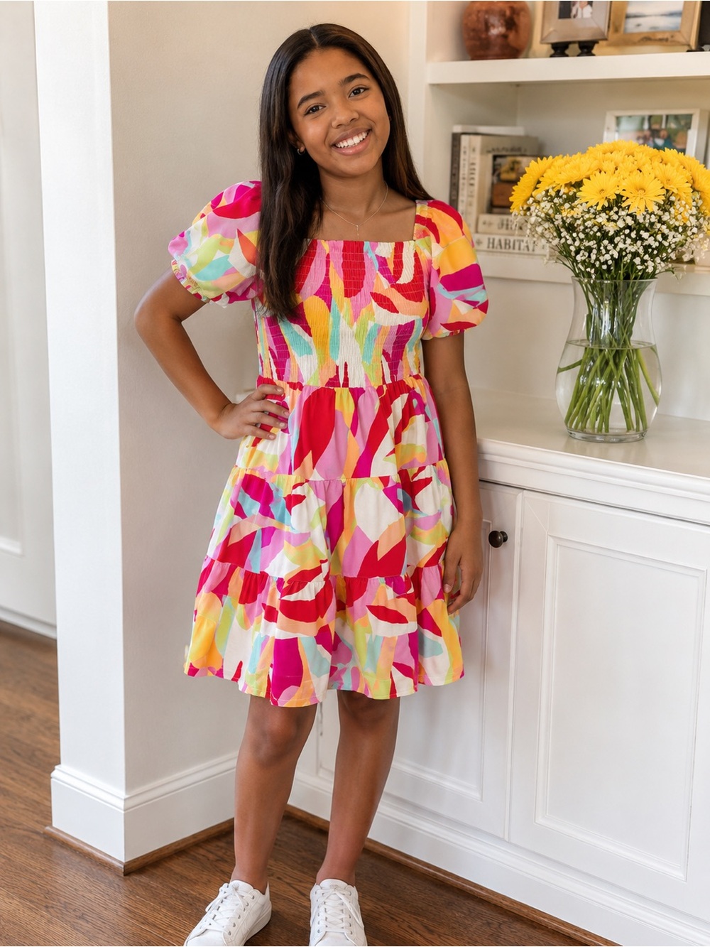Girls' Colorblock Smocked Square-Neck Casual Dress